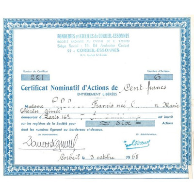 Fonderies et Ateliers de Corbeil-Essonnes 1968 (Titre 06 Certif Nomin Act 100 F)