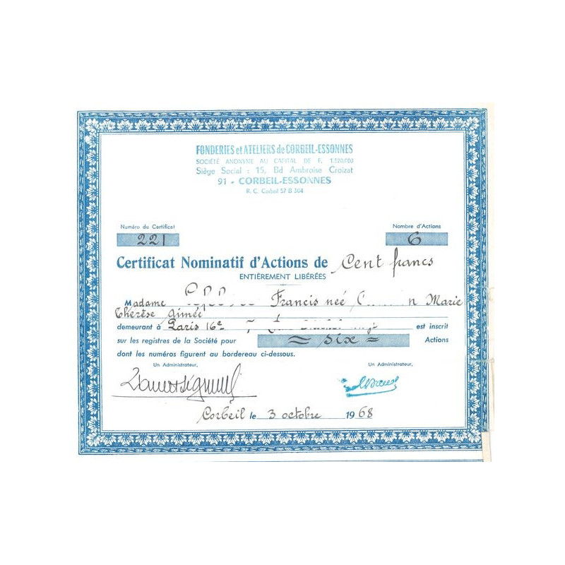 Fonderies et Ateliers de Corbeil-Essonnes 1968 (Titre 06 Certif Nomin Act 100 F)