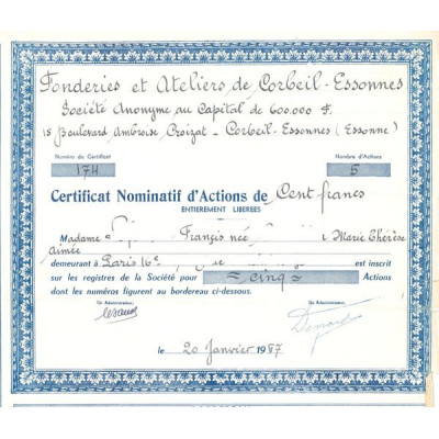 Fonderies et Ateliers de Corbeil-Essonnes 1967 (Titre 05 Certif Nomin Act 100 F)