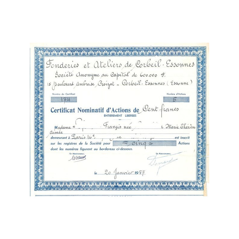 Fonderies et Ateliers de Corbeil-Essonnes 1967 (Titre 05 Certif Nomin Act 100 F)