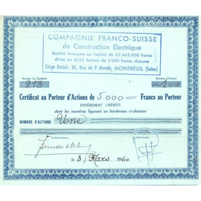 Cie Franco-Suisse de Construction Electrique (Certif Act 5000 F) (bleu)