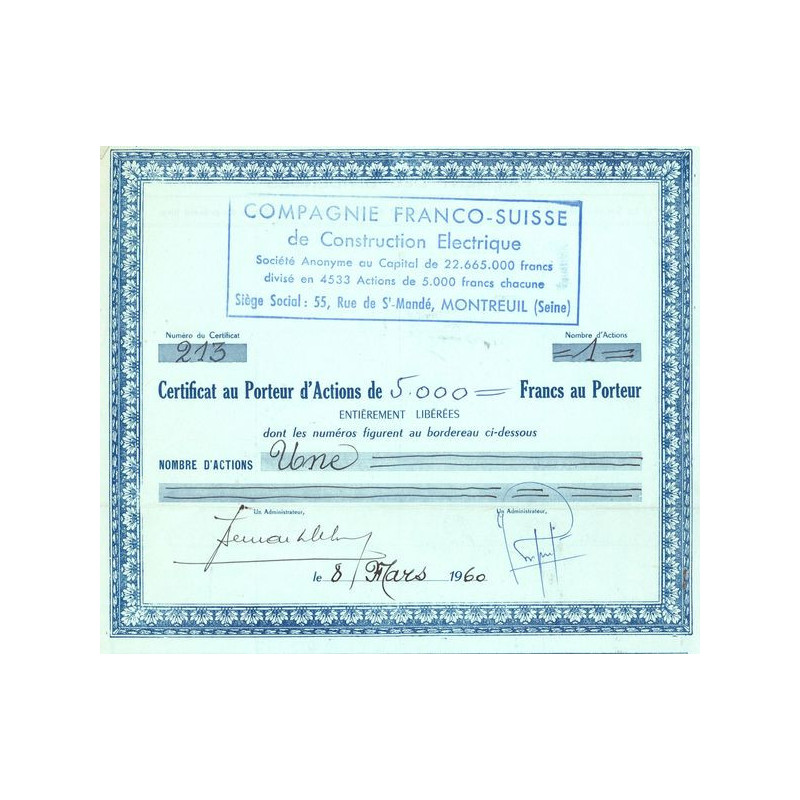 Cie Franco-Suisse de Construction Electrique (Certif Act 5000 F) (bleu)