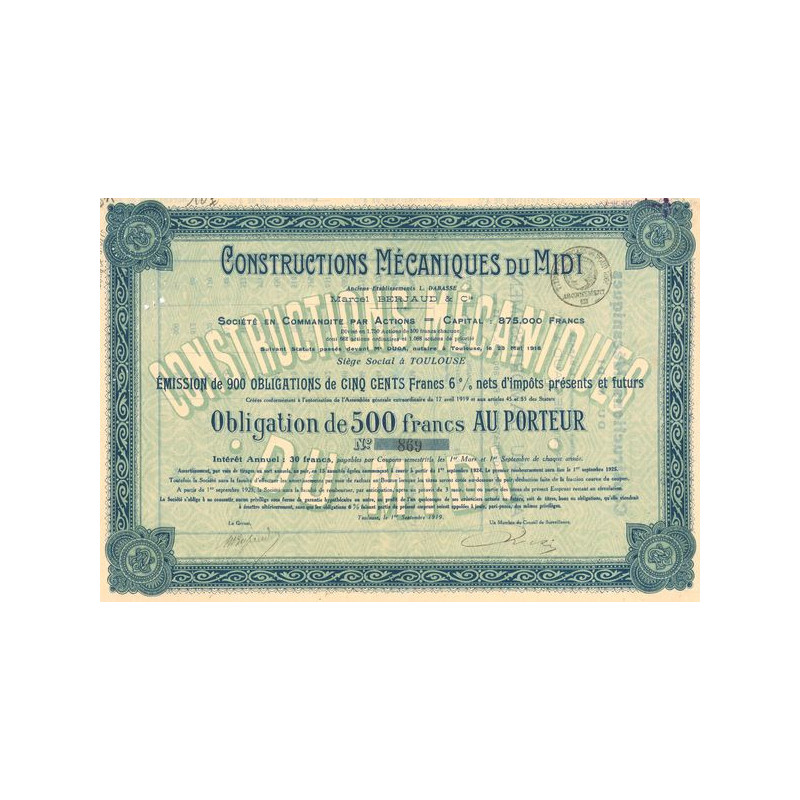 Sté de Constructions Mécaniques du Midi (Anciens Ets L. DABASSE) Marcel Berjaud & Cie (Obl 500 F)