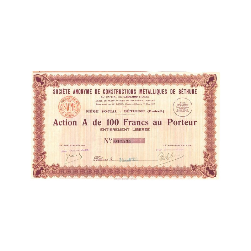 S.A. de Constructions Métalliques de Béthune (Act A 100 F)