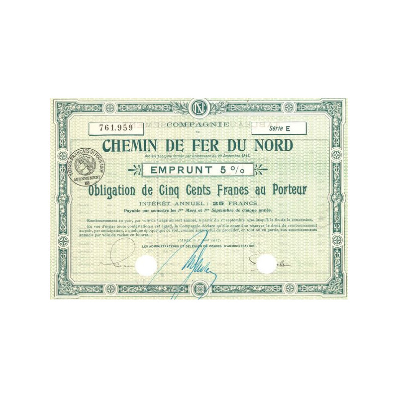 Cie du Chemin de Fer du Nord - Emprunt 5% (Verte)(Obl 500 F 5%)