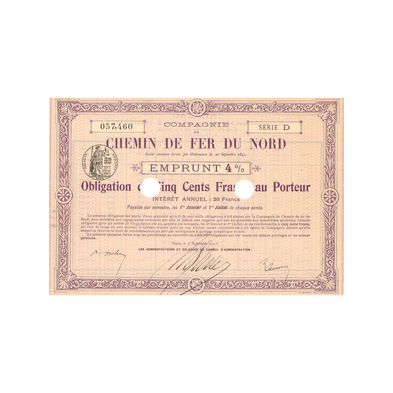 Cie du Chemin de Fer du Nord - Emprunt 4% (Obl 500 F 4%)