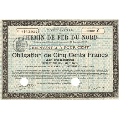 Cie du Chemin de Fer du Nord - Emprunt 2 1/2 % (Bleu)(Obl 500 F 2% 1/2)