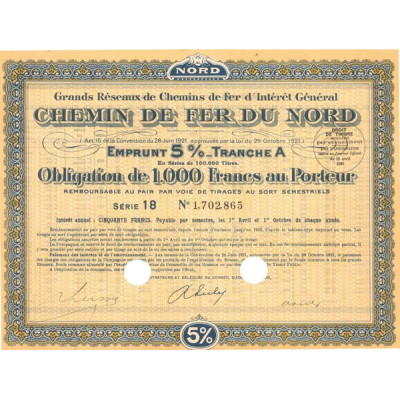 Grands réseaux de Chemins de Fer d'Intérêt Général - Chemin de Fer du Nord 5% - 1930 - Tranche A (Jaune)(Obl 1000 F 5%)