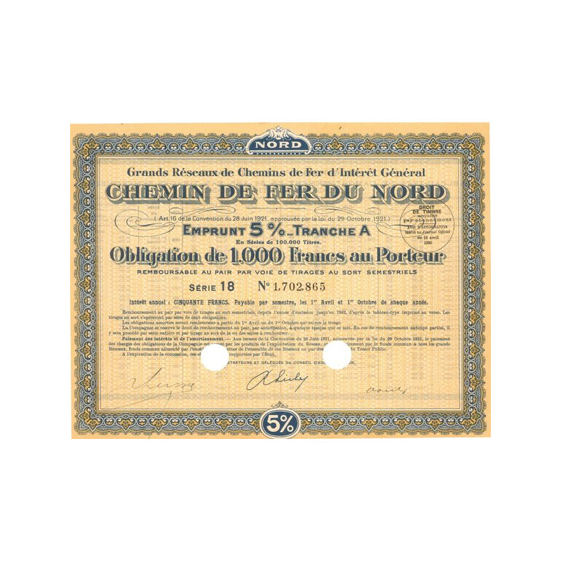 Grands réseaux de Chemins de Fer d'Intérêt Général - Chemin de Fer du Nord 5% - 1930 - Tranche A (Jaune)(Obl 1000 F 5%)