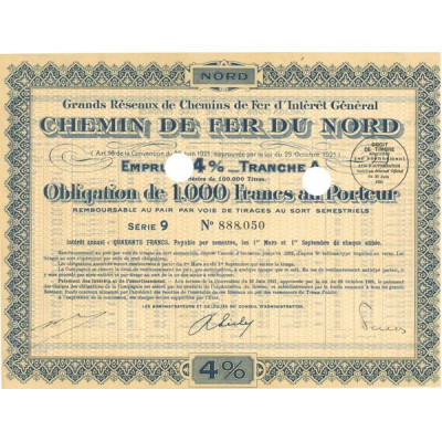 Grands réseaux de Chemins de Fer d'Intérêt Général - Chemin de Fer du Nord 4% - 1931 - Tranche A (Jaune)(Obl 1000 F 4%)