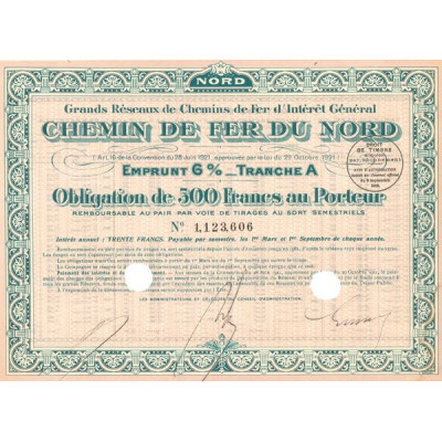 Grands réseaux de Chemins de Fer d'Intérêt Général - Chemin de Fer du Nord 6% - 1923 - Tranche A (Rose)(Obl 500 F 4%)