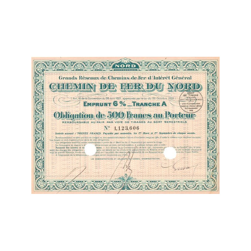 Grands réseaux de Chemins de Fer d'Intérêt Général - Chemin de Fer du Nord 6% - 1923 - Tranche A (Rose)(Obl 500 F 4%)