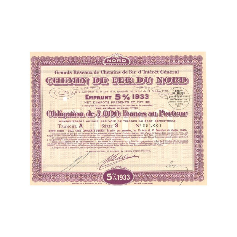 Grands réseaux de Chemins de Fer d'Intérêt Général - Chemin de Fer du Nord 5% - 1933 - (Violet)(Obl 5000 F 5%)