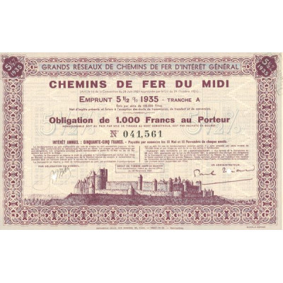 Grands Réseaux de Chemins de Fer d'Intérêt Général - Chemins de Fer du Midi Emprunt 5 1/2 % 1935 Tranche A (Obl 1000 F 5% 1/2)