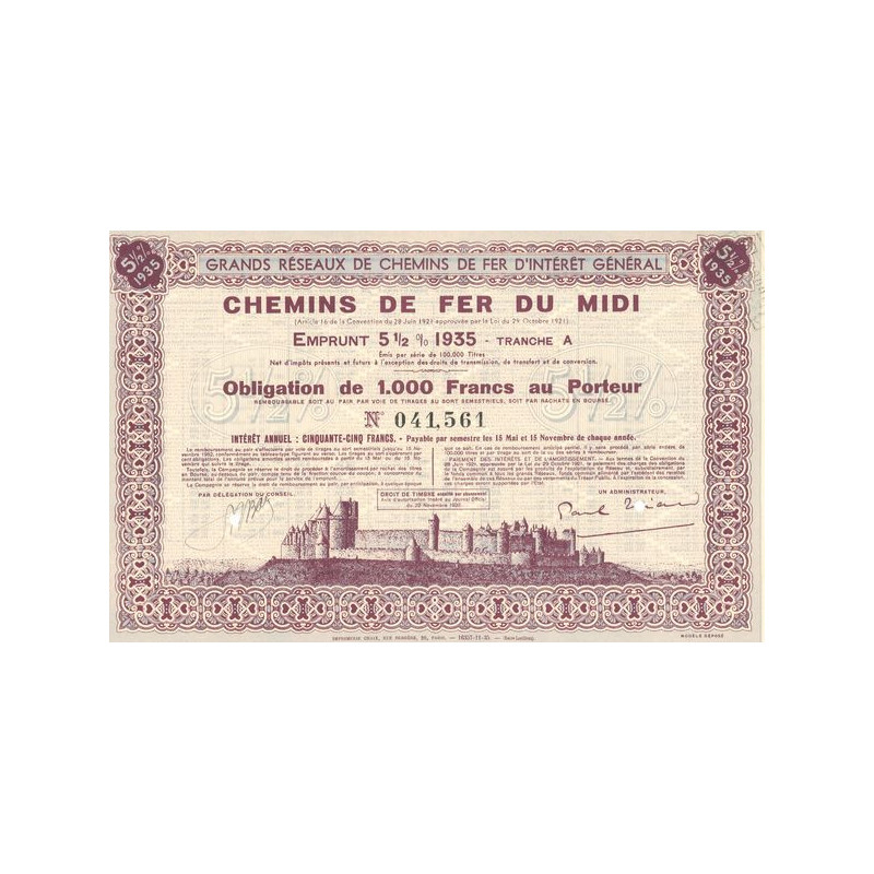 Grands Réseaux de Chemins de Fer d'Intérêt Général - Chemins de Fer du Midi Emprunt 5 1/2 % 1935 Tranche A (Obl 1000 F 5% 1/2)