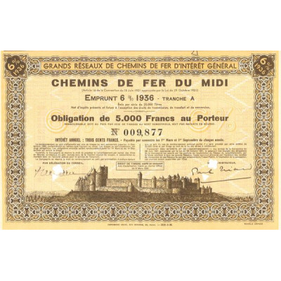 Grands Réseaux de Chemins de Fer d'Intérêt Général - Chemins de Fer du Midi Emprunt 6% 1936 Tranche A (Obl 5000 F 6%)