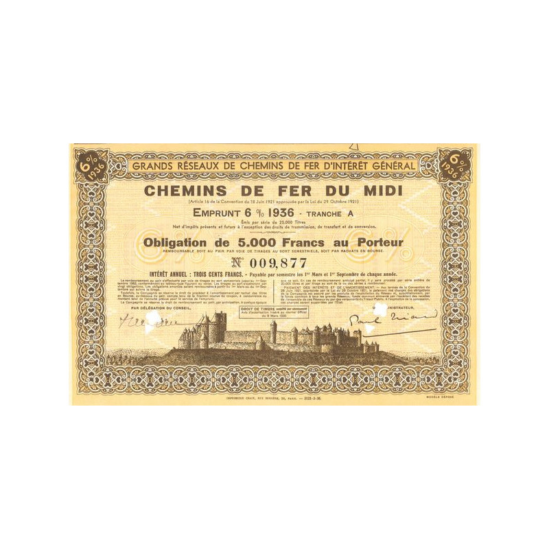 Grands Réseaux de Chemins de Fer d'Intérêt Général - Chemins de Fer du Midi Emprunt 6% 1936 Tranche A (Obl 5000 F 6%)