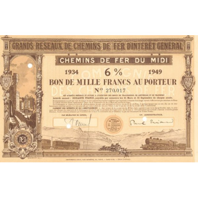 Grands Réseaux de Chemins de Fer d'Intérêt Général - Chemins de Fer du Midi Emprunt 6% 1934 (Bon 1000 F 6%)