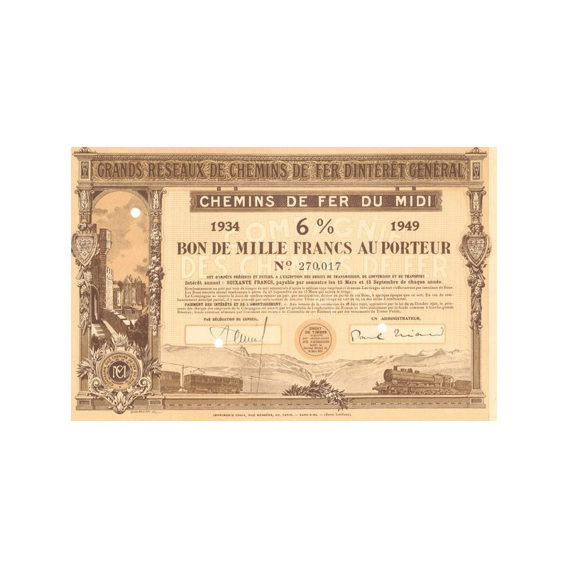 Grands Réseaux de Chemins de Fer d'Intérêt Général - Chemins de Fer du Midi Emprunt 6% 1934 (Bon 1000 F 6%)