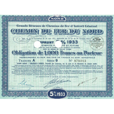 Grands réseaux de Chemins de Fer d'Intérêt Général - Chemin de Fer du Nord 5% - 1933 - (Bleu)(Obl 1000 F 5%)