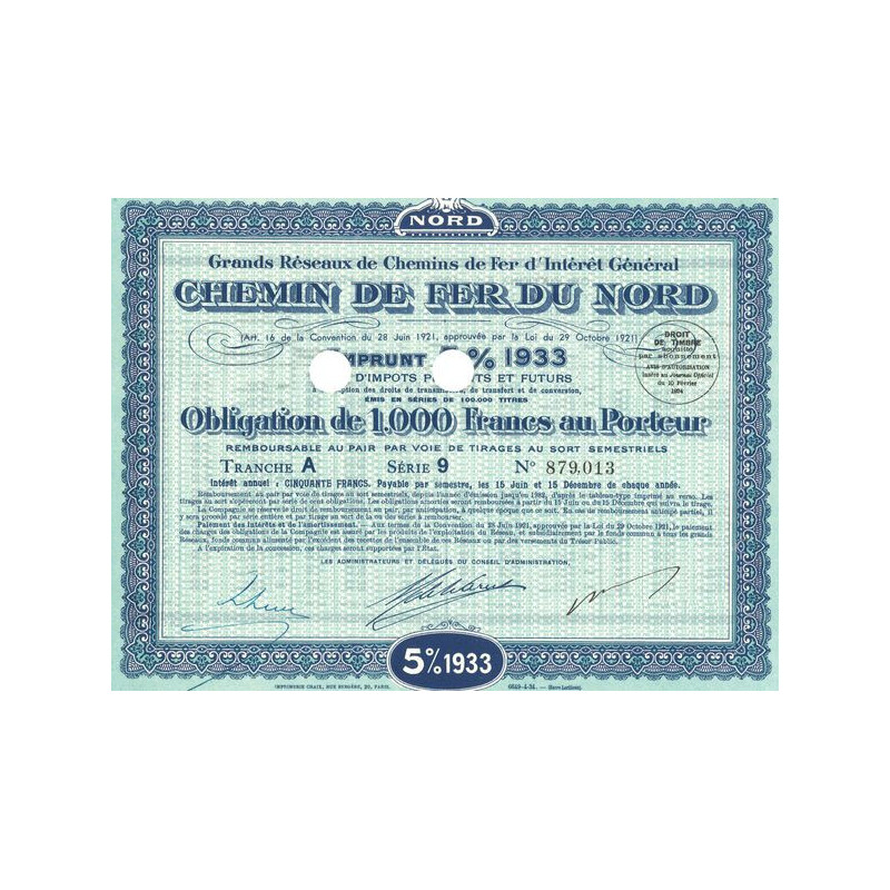 Grands réseaux de Chemins de Fer d'Intérêt Général - Chemin de Fer du Nord 5% - 1933 - (Bleu)(Obl 1000 F 5%)