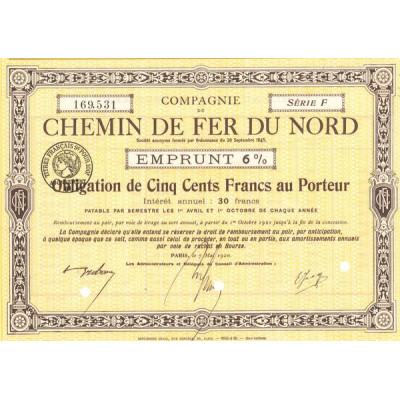 Cie du Chemin de Fer du Nord - Serie F - Emprunt 6% (Jaune)(Obl 500 F 6%)