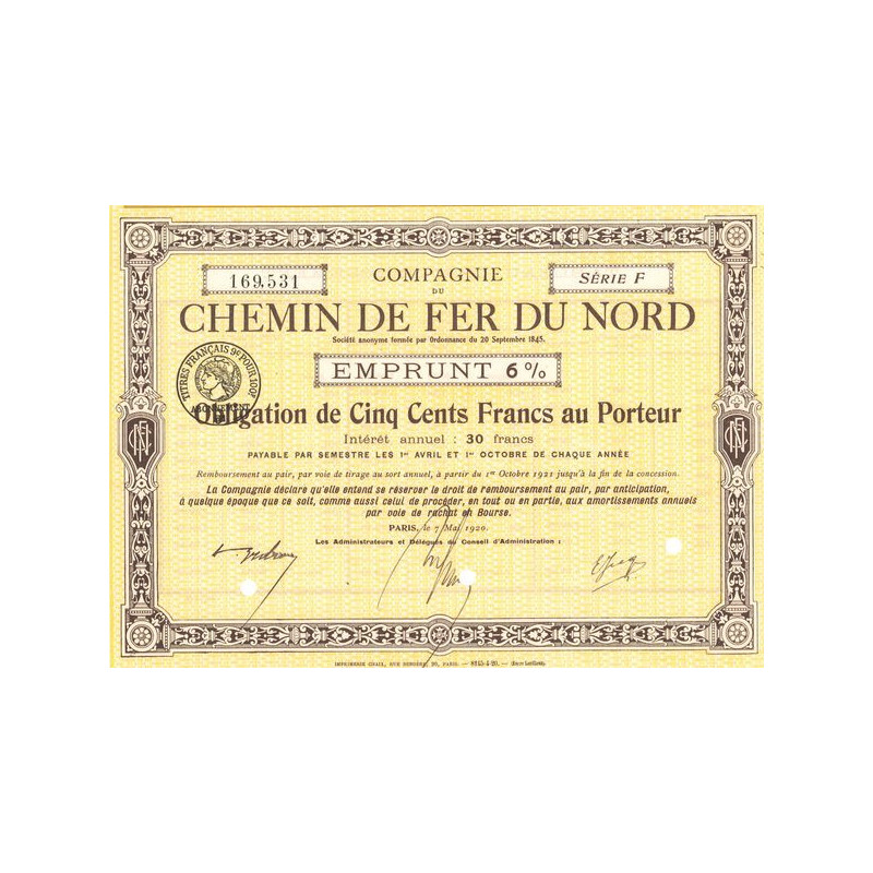 Cie du Chemin de Fer du Nord - Serie F - Emprunt 6% (Jaune)(Obl 500 F 6%)