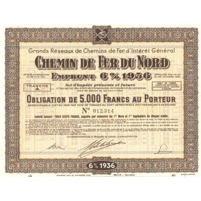 Grands réseaux de Chemins de Fer d'Intérêt Général - Chemin de Fer du Nord - Emprunt 6% 1936 (Obl 5000 F)