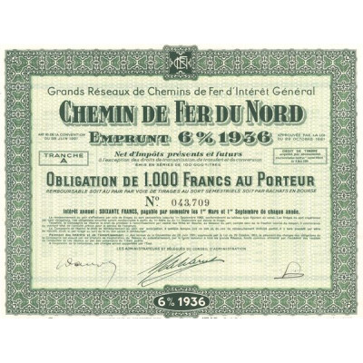 Grands réseaux de Chemins de Fer d'Intérêt Général - Chemin de Fer du Nord - Emprunt 6% 1936 (Obl 1000 F)