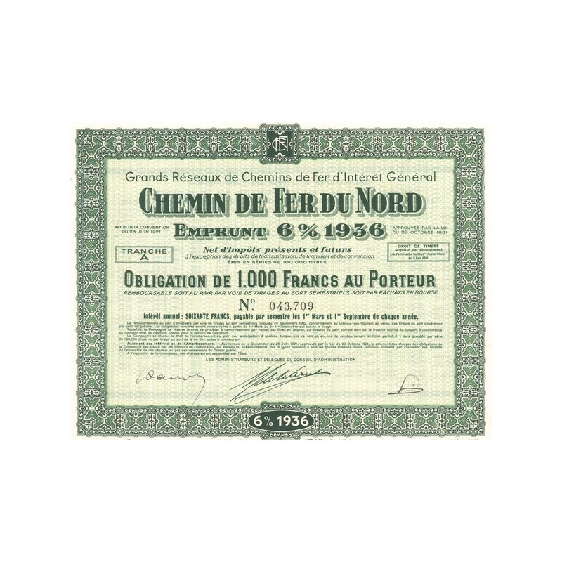 Grands réseaux de Chemins de Fer d'Intérêt Général - Chemin de Fer du Nord - Emprunt 6% 1936 (Obl 1000 F)