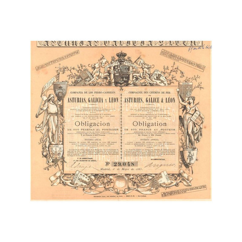 Cie des Chemins de Fer des Asturies Galice & Léon (Obl 500 F)(1885)