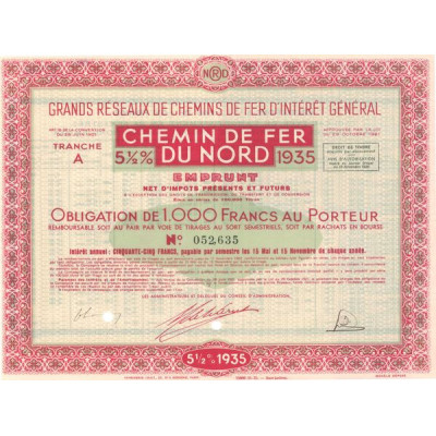 Grands réseaux de Chemins de Fer d'Intérêt Général - Chemin de Fer du Nord 5 1/2 % - 1935 (Obl 1000 F)