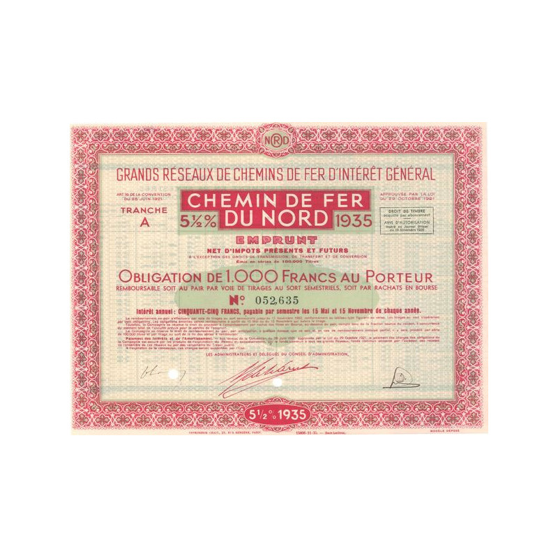 Grands réseaux de Chemins de Fer d'Intérêt Général - Chemin de Fer du Nord 5 1/2 % - 1935 (Obl 1000 F)