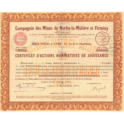 Cie des Mines de Roche-la-Molière et Firminy (Loire)(Certif d'Act Nomin Jouissance)