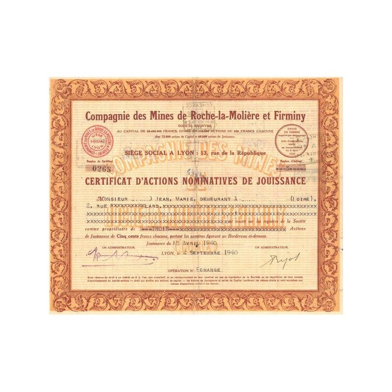 Cie des Mines de Roche-la-Molière et Firminy (Loire)(Certif d'Act Nomin Jouissance)