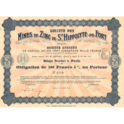 Sté des Mines de Zinc de St Hippolyte-du-Fort (Obl 500 F)