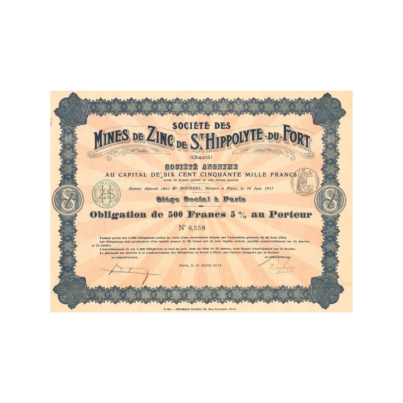 Sté des Mines de Zinc de St Hippolyte-du-Fort (Obl 500 F)