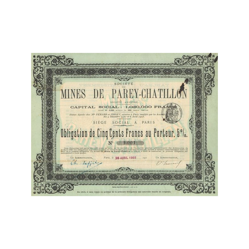 Sté des Mines de Parey-Chatillon (Obl 500 F 5%)