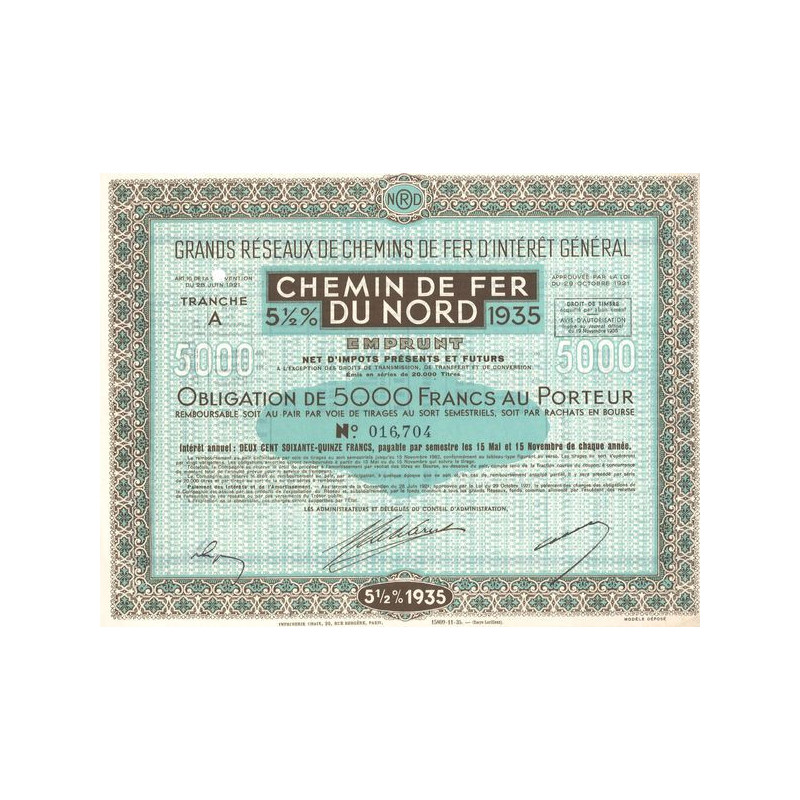 Grands réseaux de Chemins de Fer d'Intérêt Général - Chemin de Fer du Nord 5 1/2 % - 1935 (Obl 5000 F)