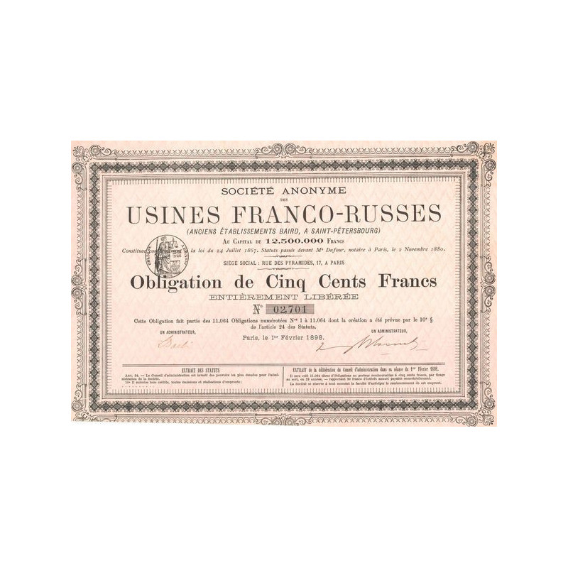 S.A. des Usines Franco-Russes Anc (Anc Ets BAIRD à Saint-Pétersbourg) (Obl 500 F)