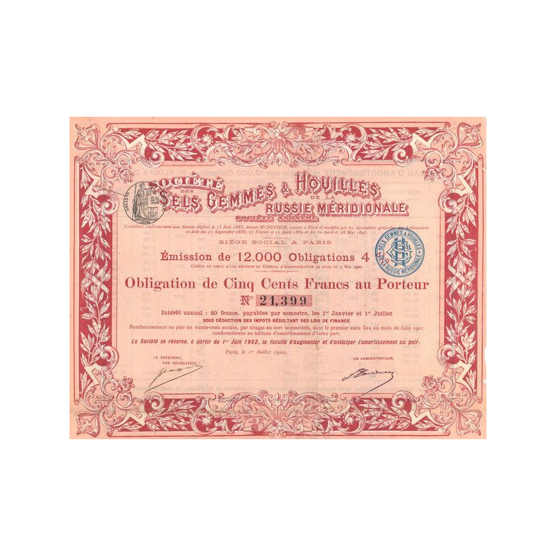 Sté des Sels Gemmes & Houilles de la Russie Meridionale (Obl 500 F)