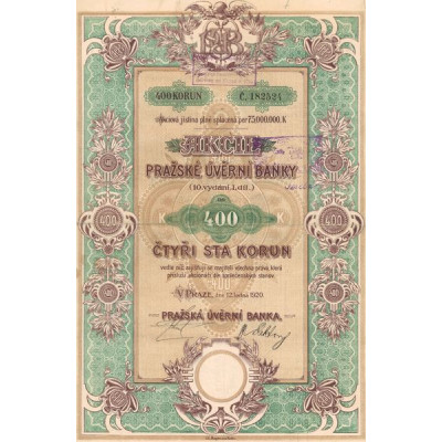 Action de la Banque de Crédit de Prague (10ème Emission - 1ère Partie)(Act 400 Couronnes)