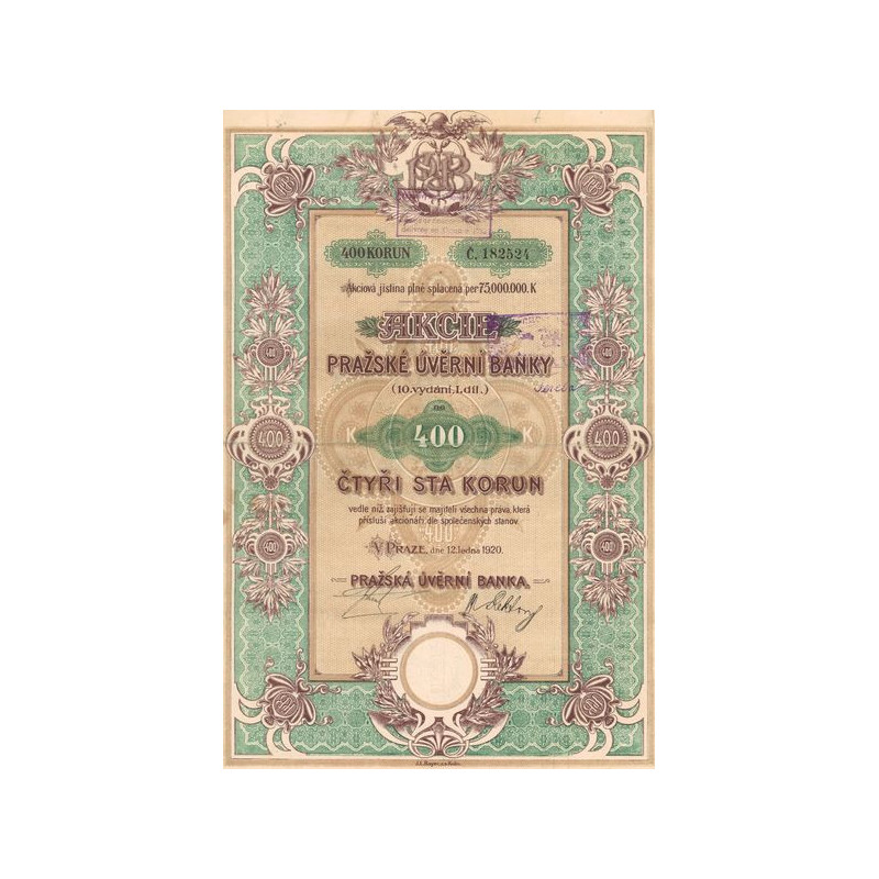 Action de la Banque de Crédit de Prague (10ème Emission - 1ère Partie)(Act 400 Couronnes)