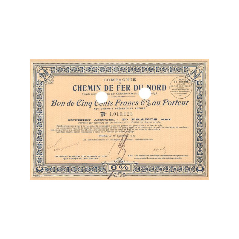 Cie du Chemin de Fer du Nord (Bon 500 F 6%)