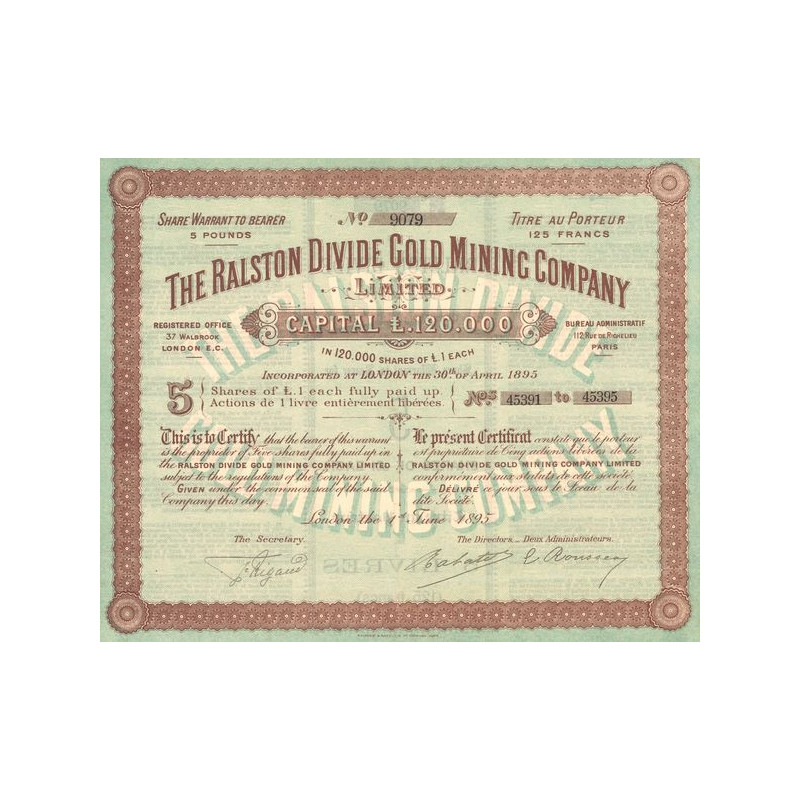 The Ralston Divide Gold Mining Cy Ltd (Titre 05 Act 1£)