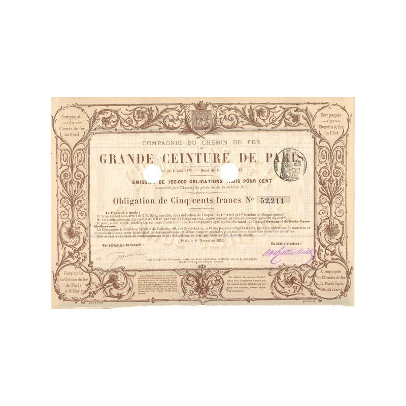 Grands Réseaux de Chemins de Fer d'Intérêt Général - Chemin de Fer de Grande Ceinture de Paris 3% 1876 (Obl 3% 500 F)