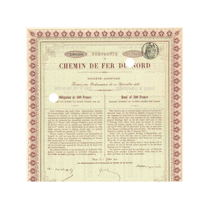 Cie du Chemin de Fer du Nord (Obl 500 F)(Perforée)
