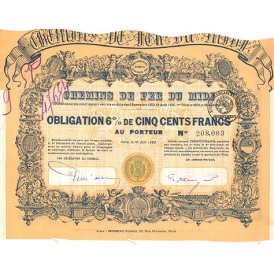 Chemins de Fer du Midi (Obl 6% 500 F)