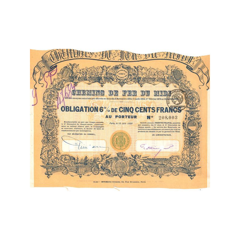 Chemins de Fer du Midi (Obl 6% 500 F)