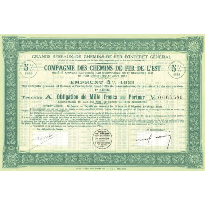 Grands Réseaux de Chemins de Fer d'Intérêt Général - Cie des Chemins de Fer de l'Est - Emprunt 5 % 1933 Tranche A (Obl 1000 F)